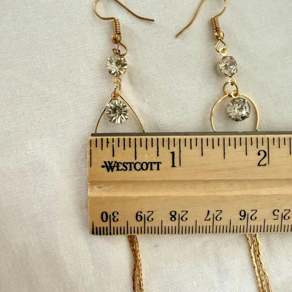 Gold Dangling Earrings With Teardrop Design And Rhinestones Long Chain Tassels